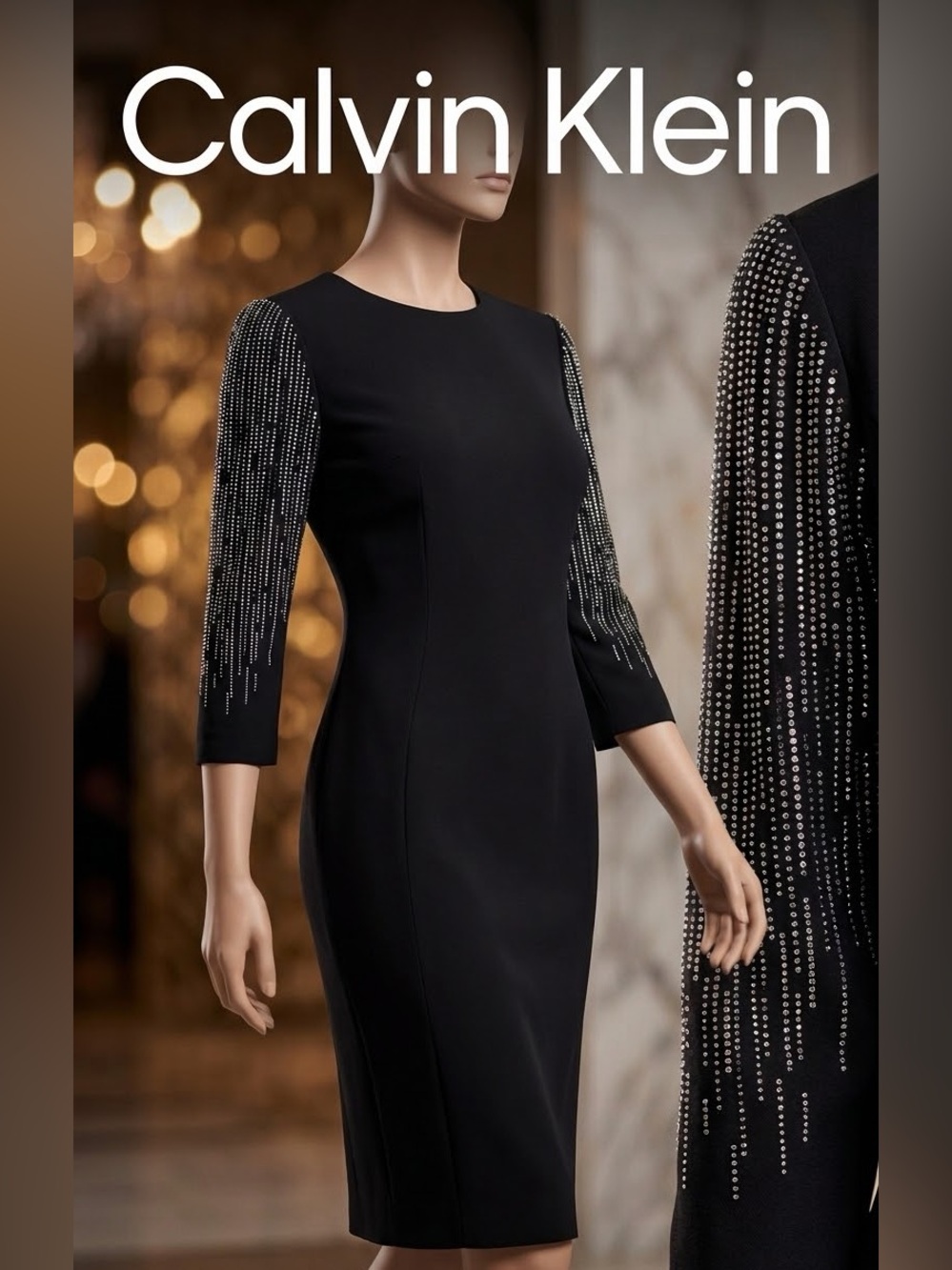 Calvin Klein Black Rhinestone Embellished Sleeve Sheath Dress 14⁠